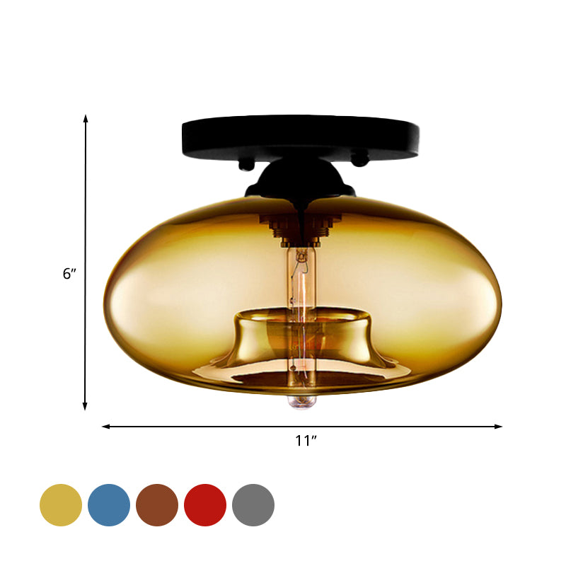 1 Light Ceiling Light Fixture with Oval Shade Red / Brown / Blue Glass Industrial Living Room Semi Flush in Black
