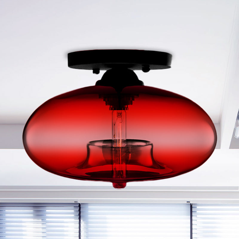 1 Light Ceiling Light Fixture with Oval Shade Red / Brown / Blue Glass Industrial Living Room Semi Flush in Black