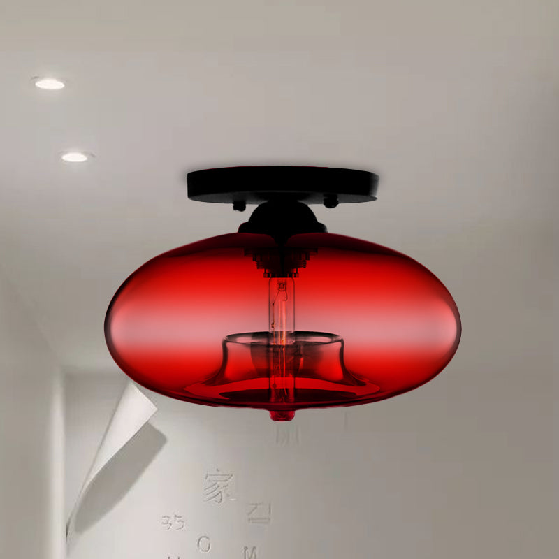 1 Light Ceiling Light Fixture with Oval Shade Red / Brown / Blue Glass Industrial Living Room Semi Flush in Black