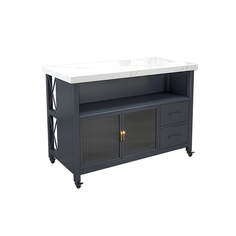 Modern White Faux Marble Kitchen Trolley with Storage Cabinet