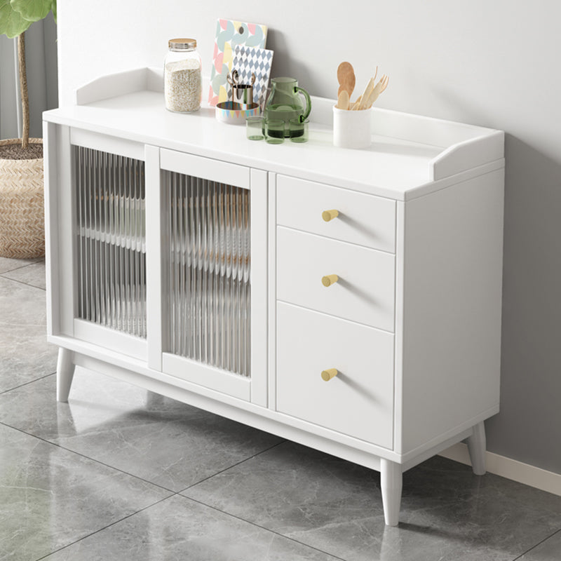Glam Glass Doors Buffet Stand Rubberwood Solid Wood Sideboard with 3-Drawers