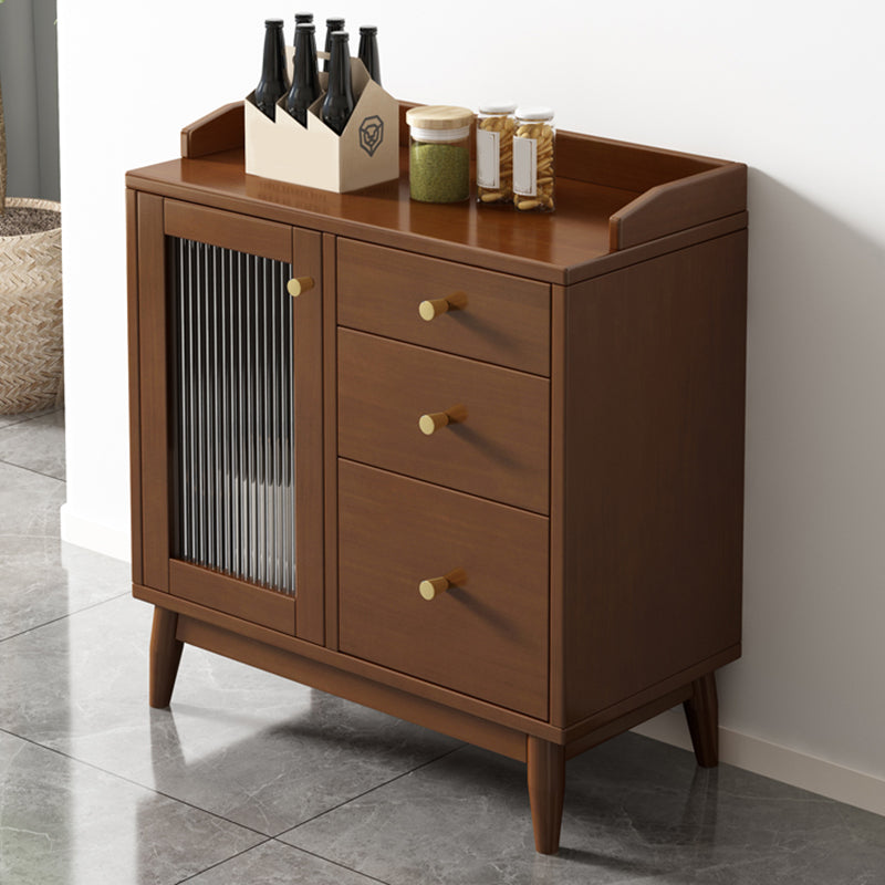 Glam Glass Doors Buffet Stand Rubberwood Solid Wood Sideboard with 3-Drawers