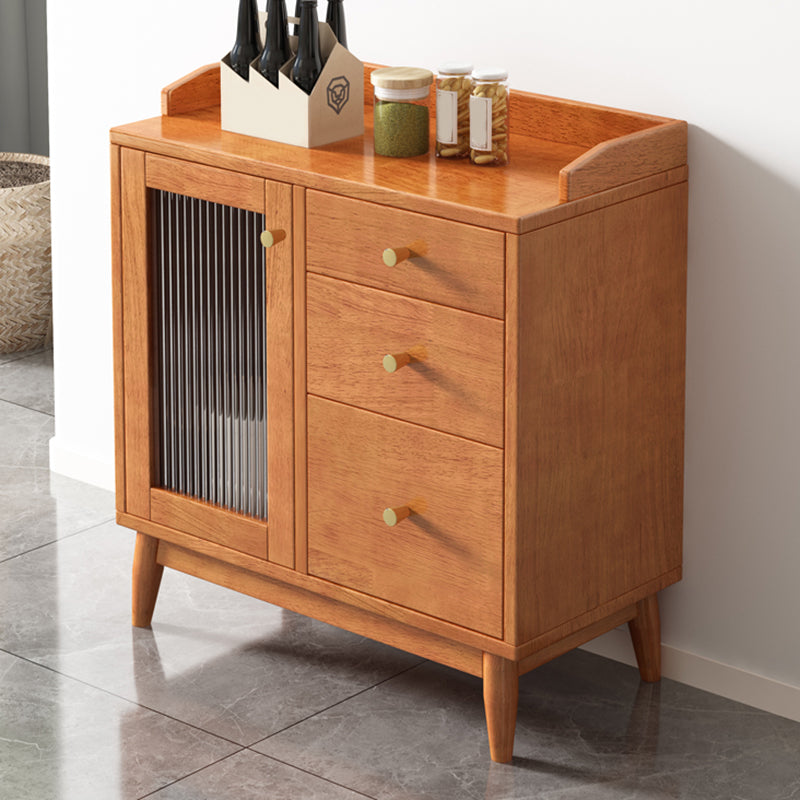 Glam Glass Doors Buffet Stand Rubberwood Solid Wood Sideboard with 3-Drawers