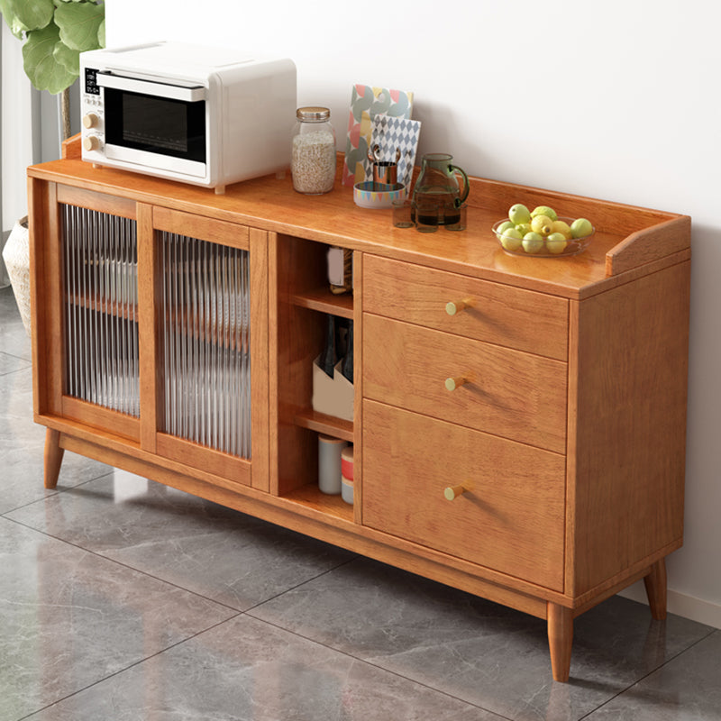 Glam Glass Doors Buffet Stand Rubberwood Solid Wood Sideboard with 3-Drawers