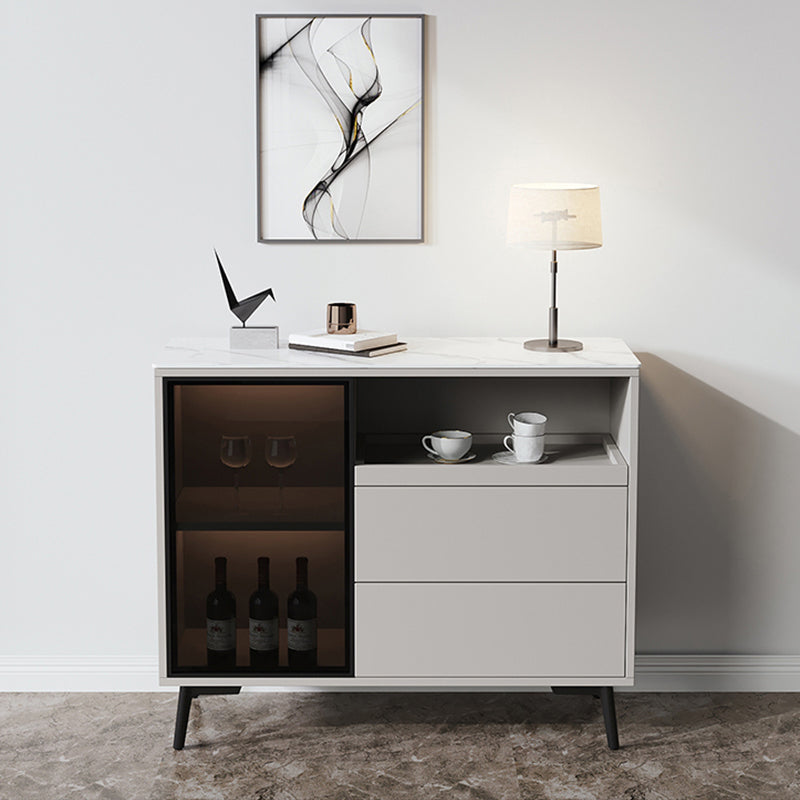Glass Door Stone Buffet Sideboard Contemporary Style Credenza with LED Lights