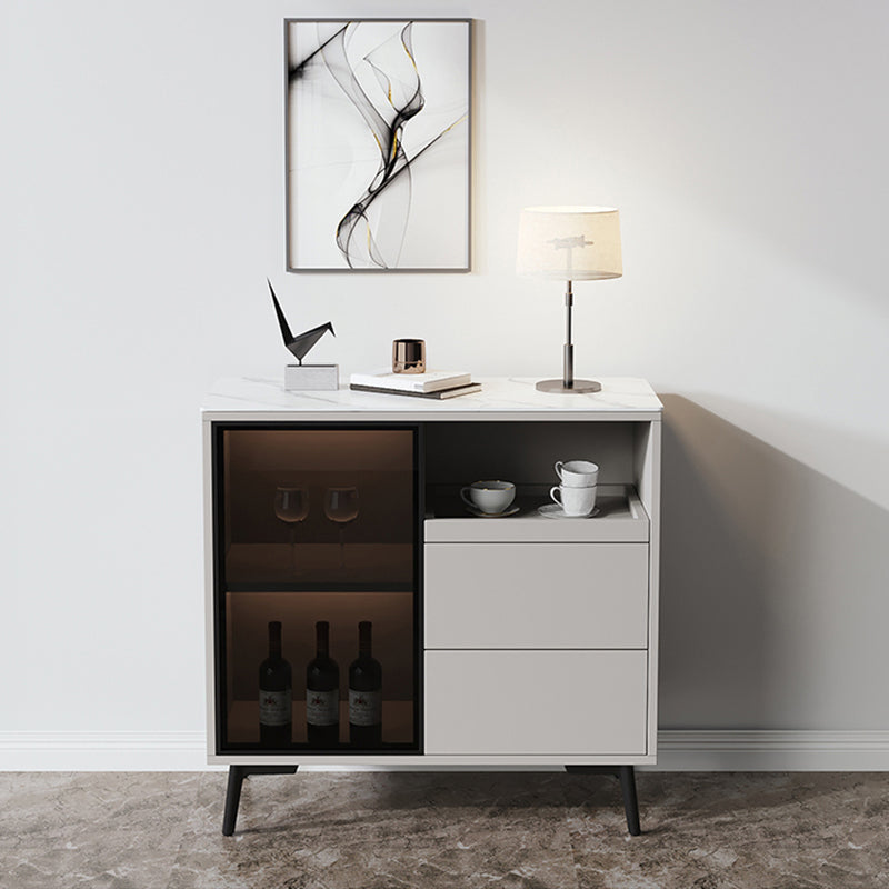 Glass Door Stone Buffet Sideboard Contemporary Style Credenza with LED Lights