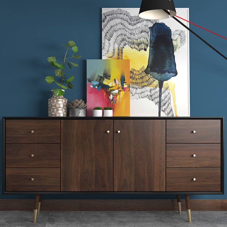 Glam Style Brown Solid Wood Buffet Table Cabinets Storage Side Board with Drawers