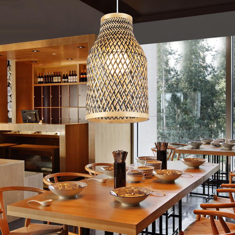 Beige/Black Vase Shaped Pendant Light Fixture Lodge Stylish 1 Light Bamboo Hanging Lamp over Table