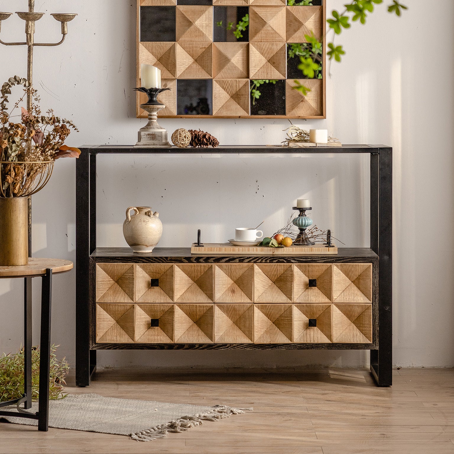 Contemporary Brown Buffet Sideboard Solid Wood Buffet Table with Drawers