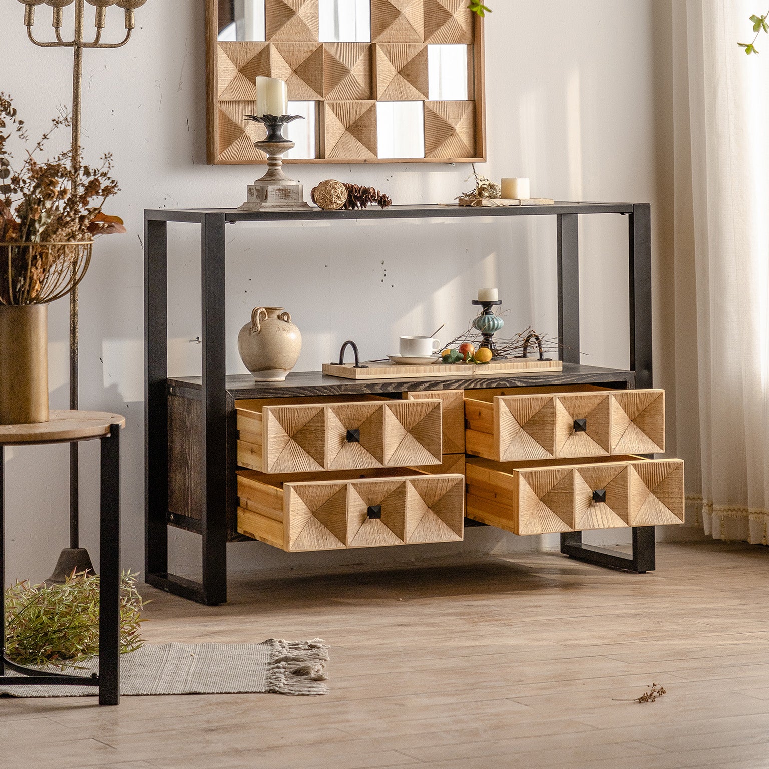 Contemporary Brown Buffet Sideboard Solid Wood Buffet Table with Drawers