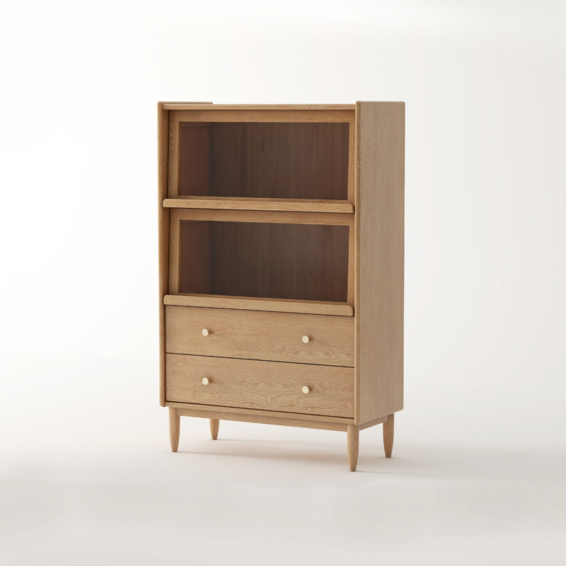 Modern Living Room Curio Cabinet Solid Wood Glass Doors with 2 Drawers