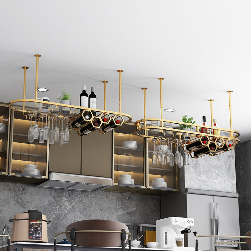 Gold Metal Kitchen Wine Holder with Glass Holder & Storage Shelf