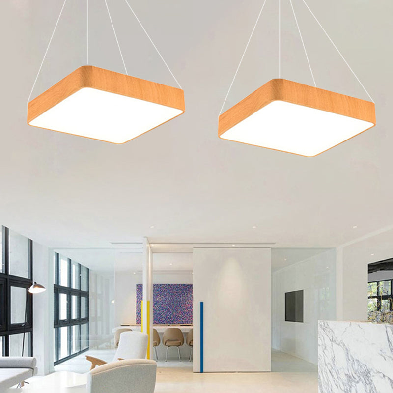 12"/16"/19.5" Wide Wooden Square Suspension Lighting Modern Led Beige Hanging Pendant Lamp Kit in White/Warm/Natural Light