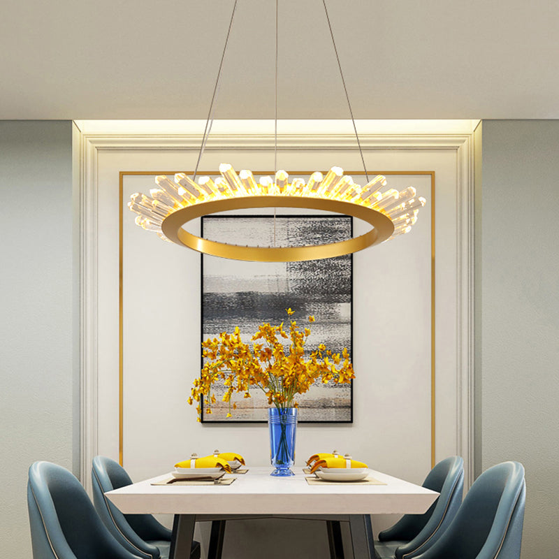 Black/Gold Ring Pendant Chandelier Modern Crystal Accent LED Pendant Light Fixture in White/Warm Light for Living Room, 19.5"/23.5" Wide