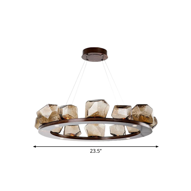 Gem Chandelier Pendant Modernist Amber Glass Multi Lights Brown Led Hanging Light with Ring Design