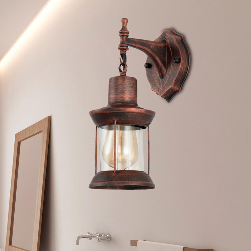 Lantern Clear Glass Wall Mounted Lamp Industrial Single Bulb Bathroom Sconce Light in Antique Copper