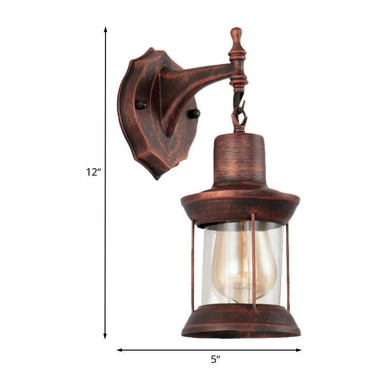 Lantern Clear Glass Wall Mounted Lamp Industrial Single Bulb Bathroom Sconce Light in Antique Copper