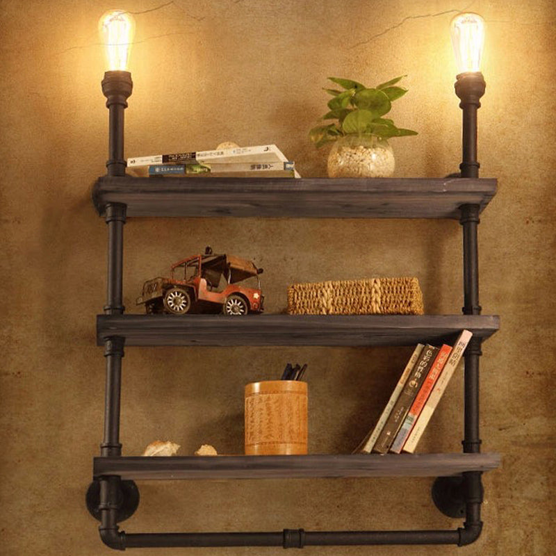 1/2-Bulb Wood Shelf Wall Lighting with Water Pipe Vintage Stylish Bronze Wall Mount Light for Living Room