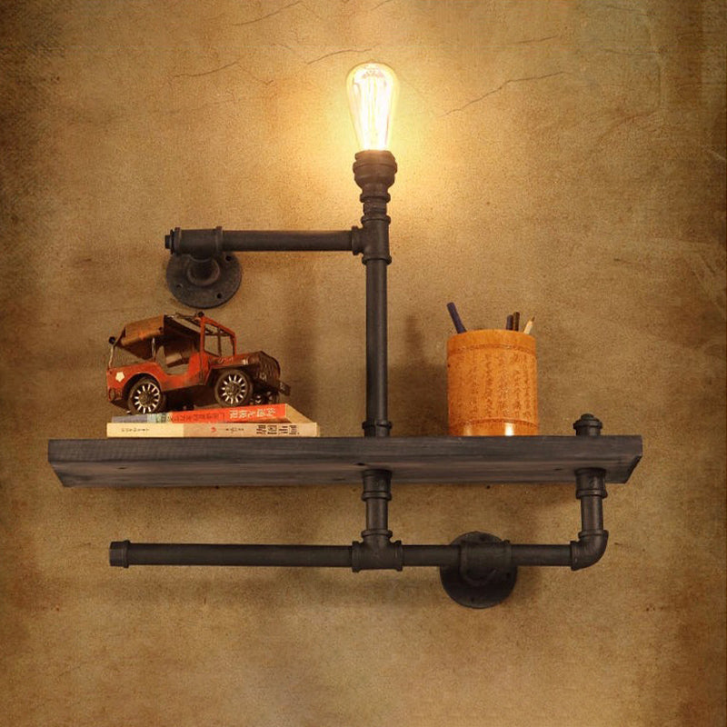 1/2-Bulb Wood Shelf Wall Lighting with Water Pipe Vintage Stylish Bronze Wall Mount Light for Living Room