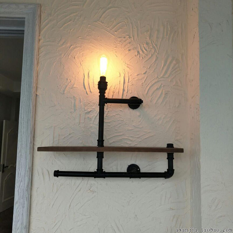 1/2-Bulb Wood Shelf Wall Lighting with Water Pipe Vintage Stylish Bronze Wall Mount Light for Living Room