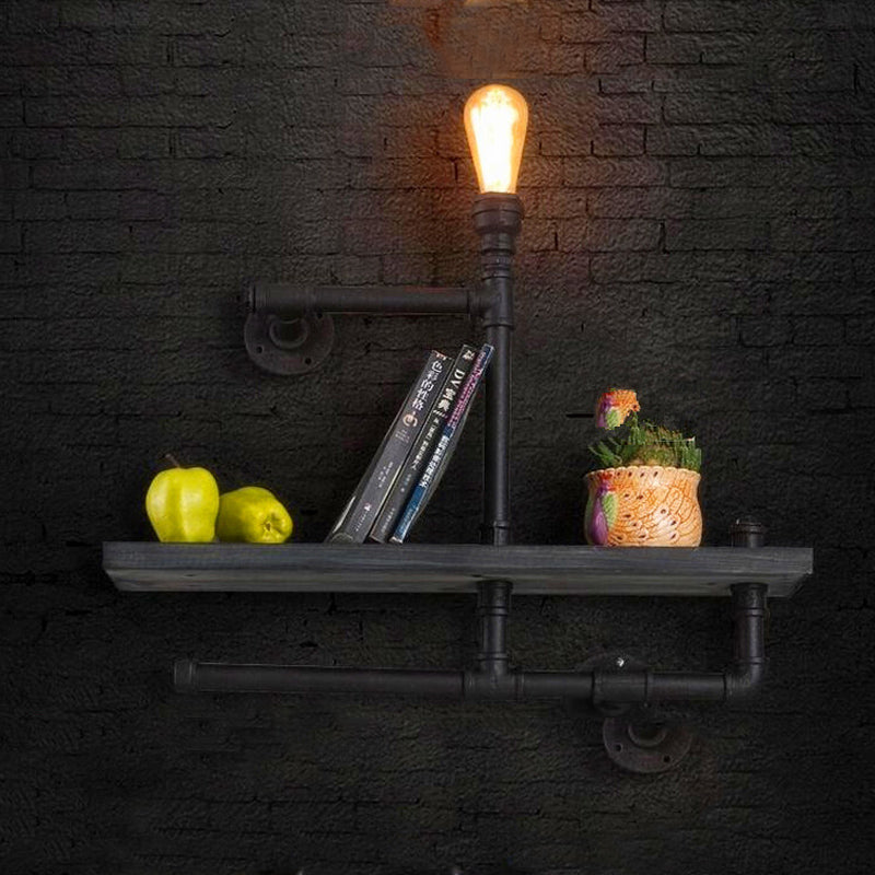 1/2-Bulb Wood Shelf Wall Lighting with Water Pipe Vintage Stylish Bronze Wall Mount Light for Living Room