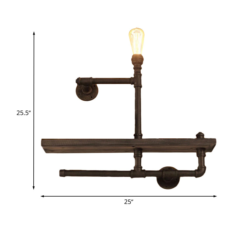 1/2-Bulb Wood Shelf Wall Lighting with Water Pipe Vintage Stylish Bronze Wall Mount Light for Living Room