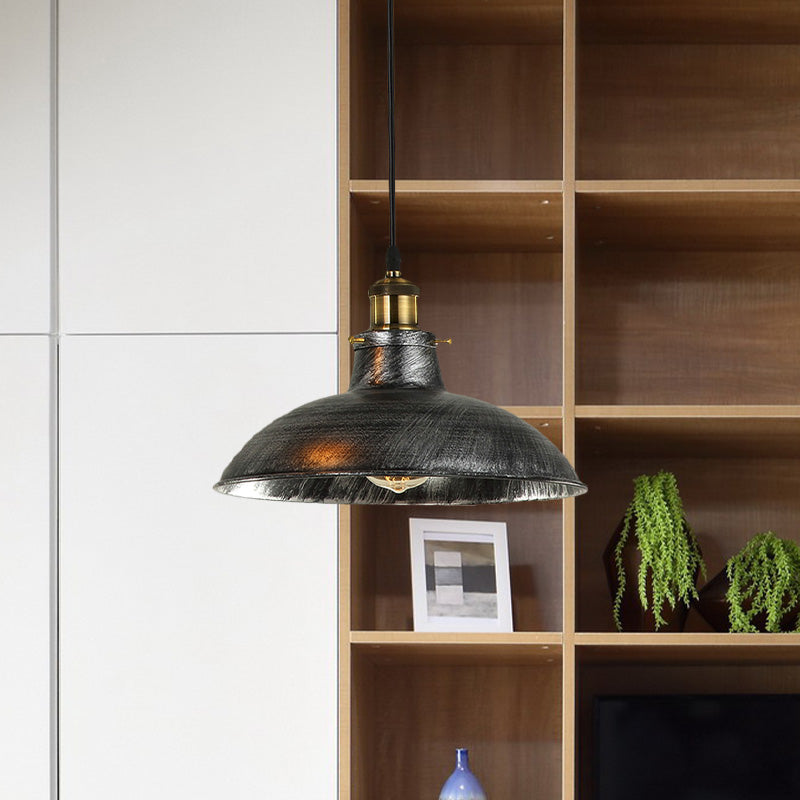 Antique Stylish Bowl Pendant Lamp 12"/14" W 1 Light Wrought Iron Hanging Fixture with Plug in Cord in Black/Grey