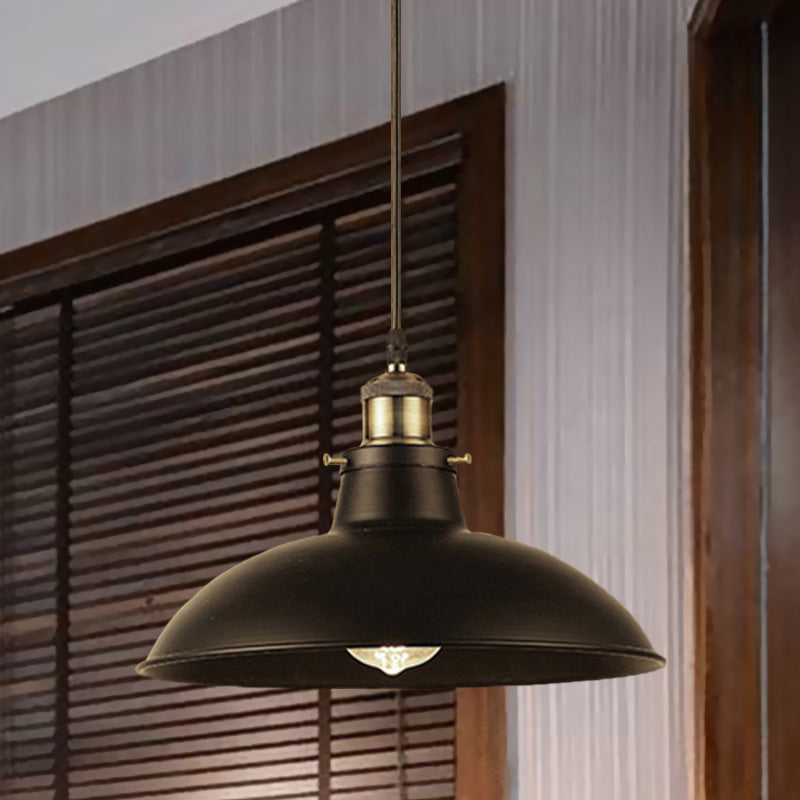 Antique Stylish Bowl Pendant Lamp 12"/14" W 1 Light Wrought Iron Hanging Fixture with Plug in Cord in Black/Grey