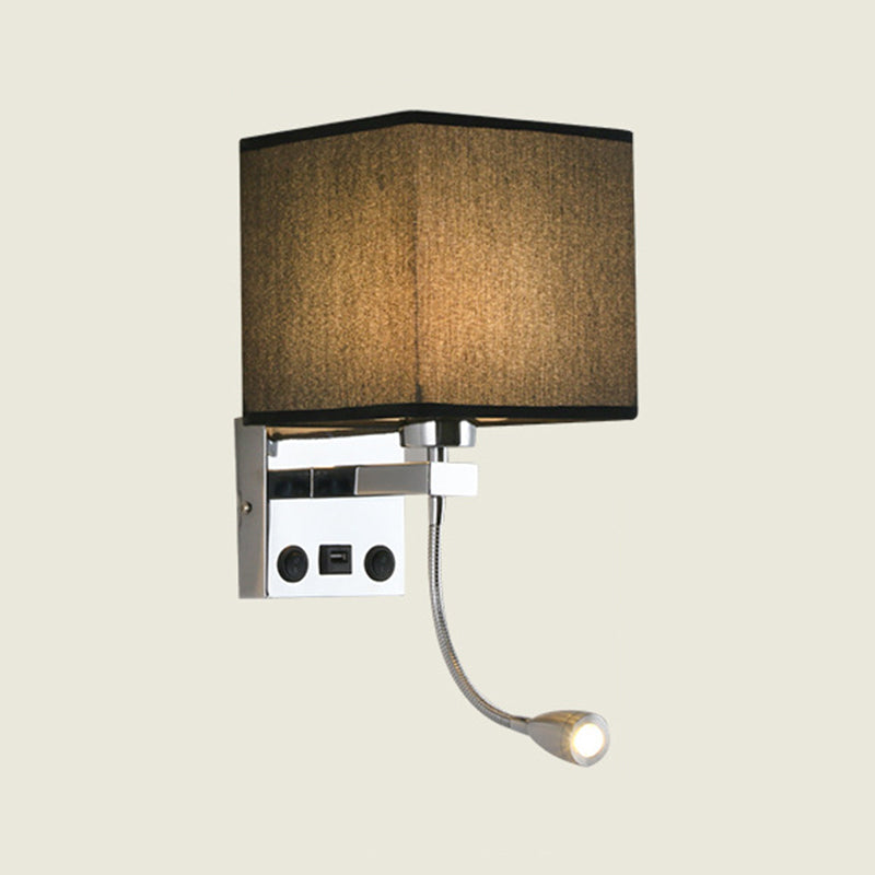 Modern Metal Wall Sconce Square Shape Wall Light with Fabric Shade for Bedroom