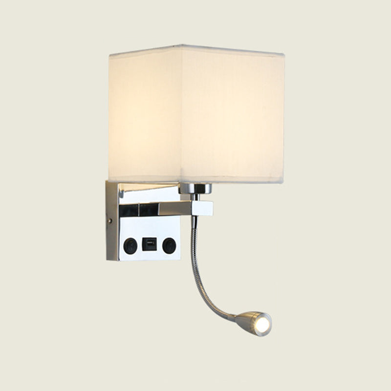 Modern Metal Wall Sconce Square Shape Wall Light with Fabric Shade for Bedroom