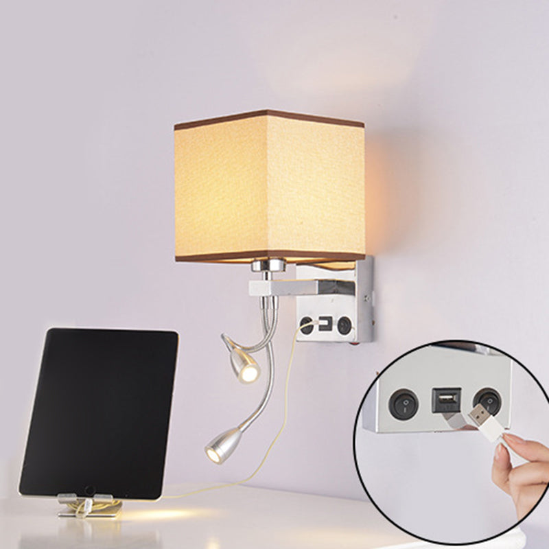 Modern Metal Wall Sconce Square Shape Wall Light with Fabric Shade for Bedroom