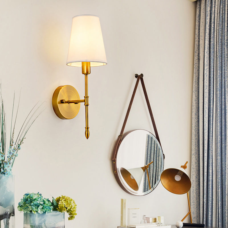 Gold Modern Metal Wall Sconce Cone Shape Wall Light with Fabric Shade for Bedroom