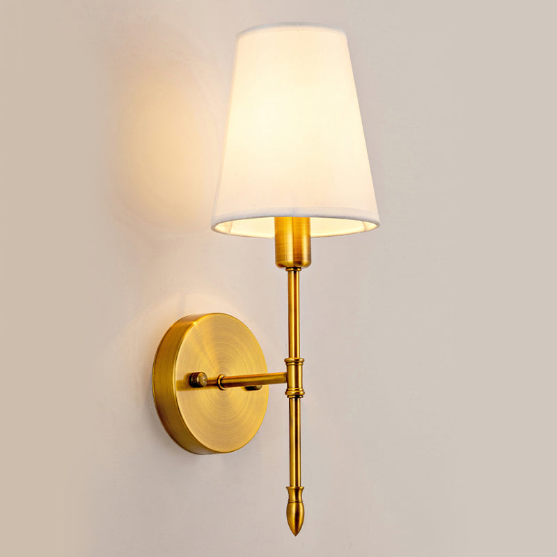 Gold Modern Metal Wall Sconce Cone Shape Wall Light with Fabric Shade for Bedroom