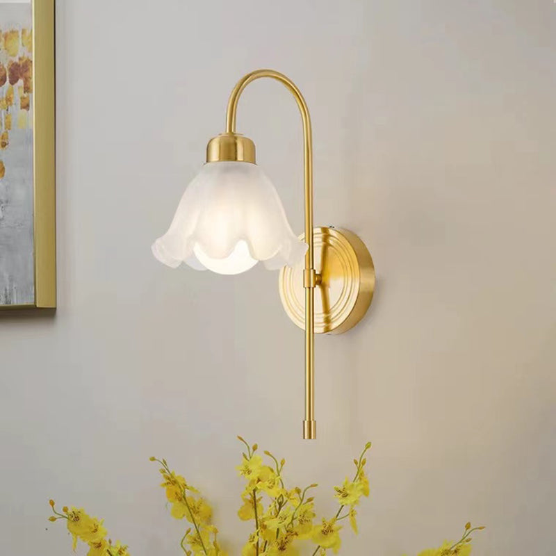 Modern Metal Wall Sconce Flower Shape Wall Light with Glass Shade for Bedroom in Gold