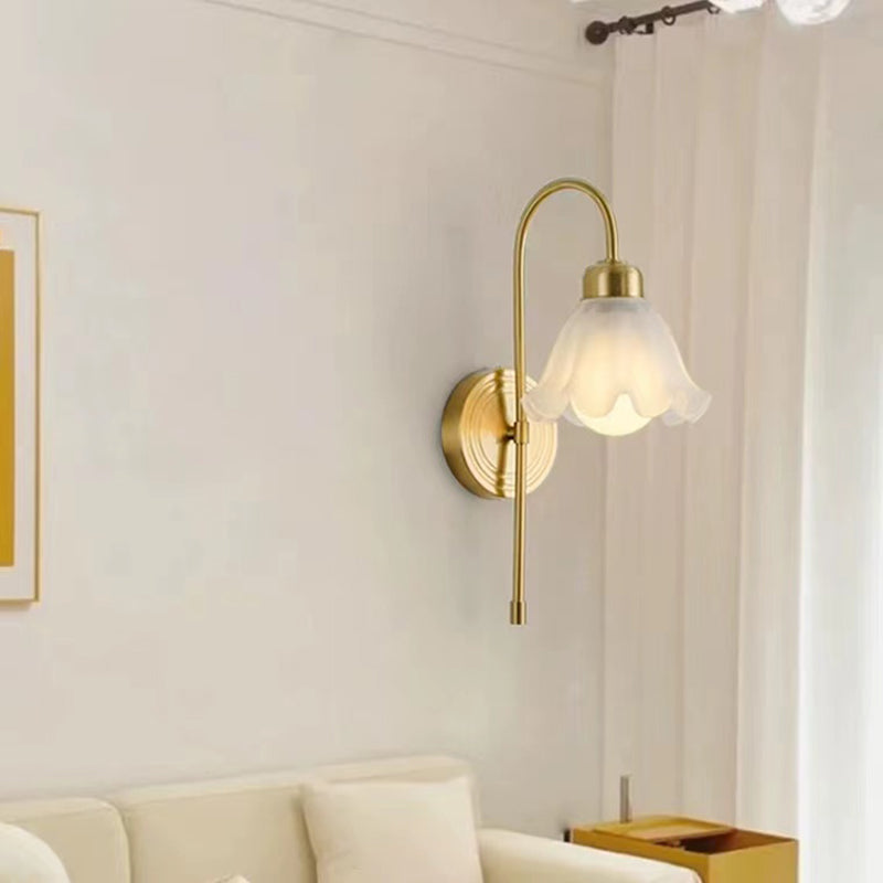 Modern Metal Wall Sconce Flower Shape Wall Light with Glass Shade for Bedroom in Gold