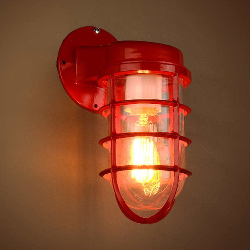 1 Bulb Metal Caged Wall Mounted Light Fixture Coastal Red/Blue Clear Glass Lighting for Outdoor