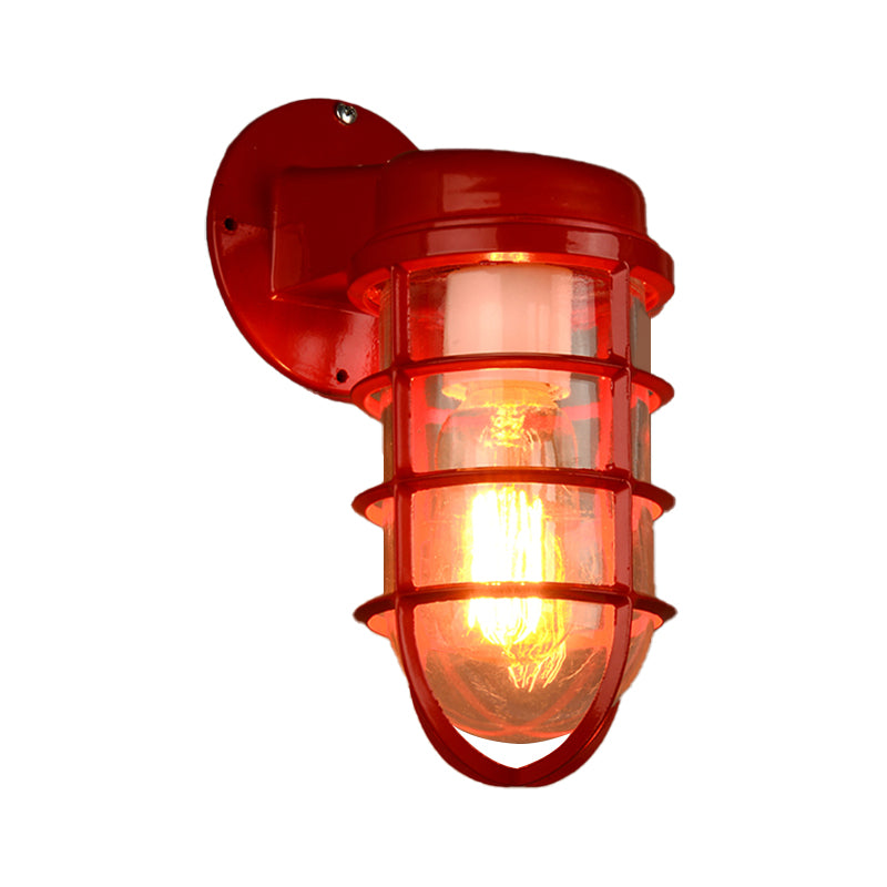 1 Bulb Metal Caged Wall Mounted Light Fixture Coastal Red/Blue Clear Glass Lighting for Outdoor