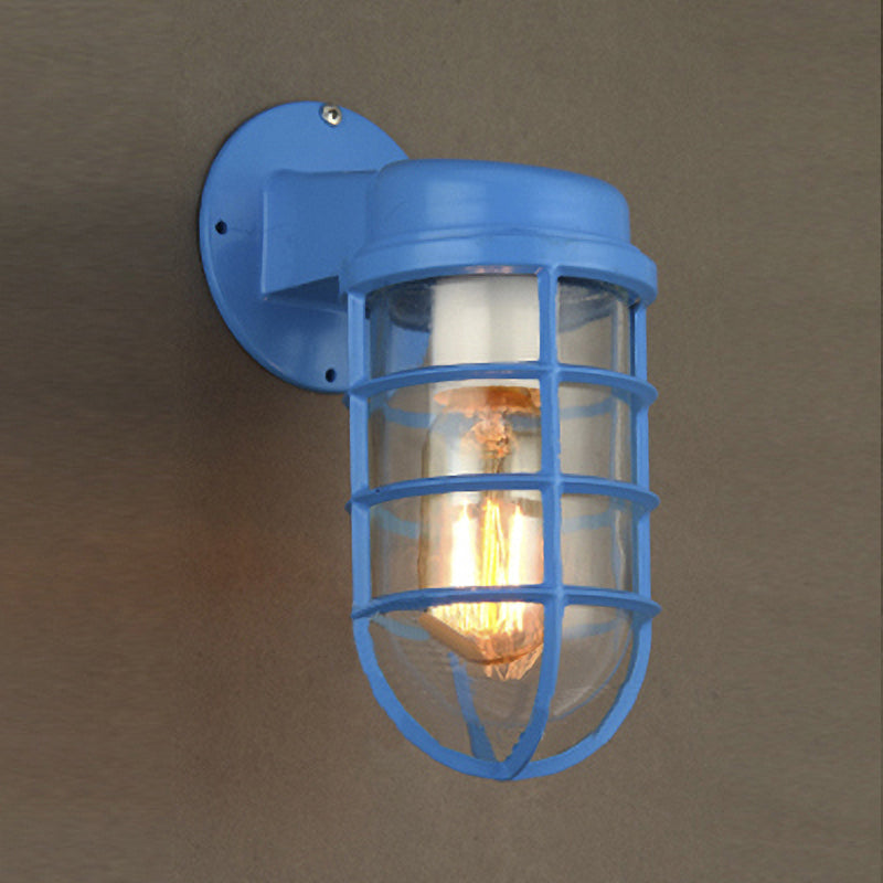 1 Bulb Metal Caged Wall Mounted Light Fixture Coastal Red/Blue Clear Glass Lighting for Outdoor