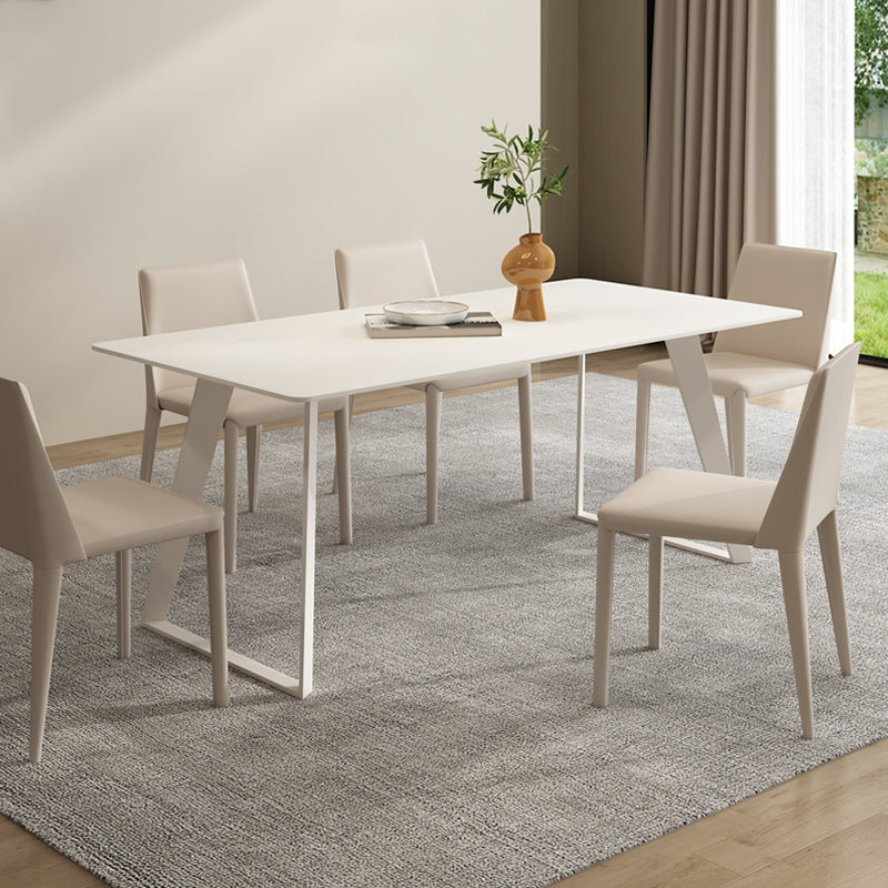 Modern Rectangle Dining Table White Stone Tabletop with Metal Sled Base