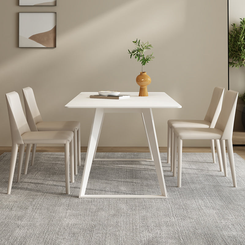 Modern Rectangle Dining Table White Stone Tabletop with Metal Sled Base