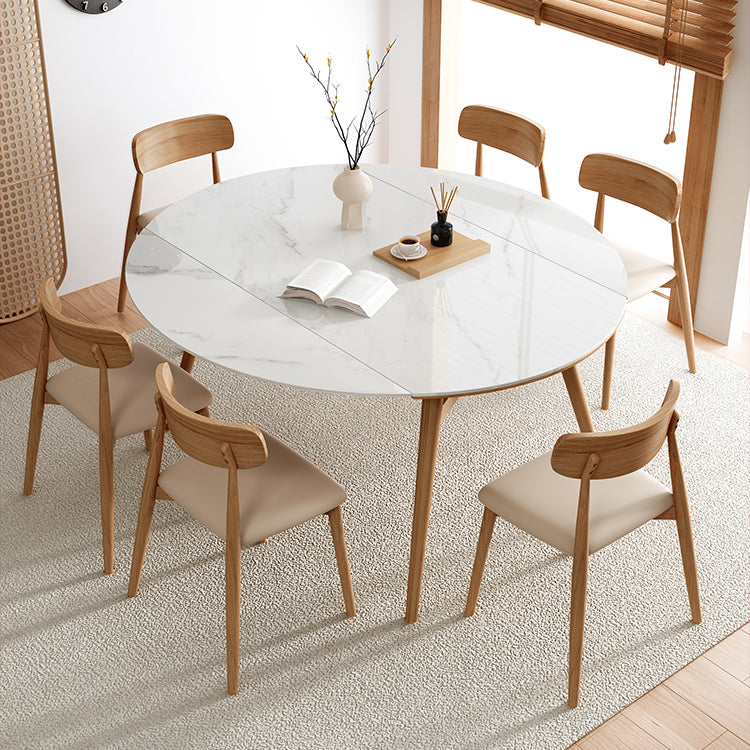 Modern Round Dining Table White Stone Tabletop with Solid Wood Legs