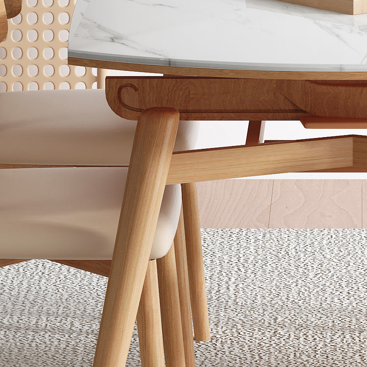 Modern Round Dining Table White Stone Tabletop with Solid Wood Legs