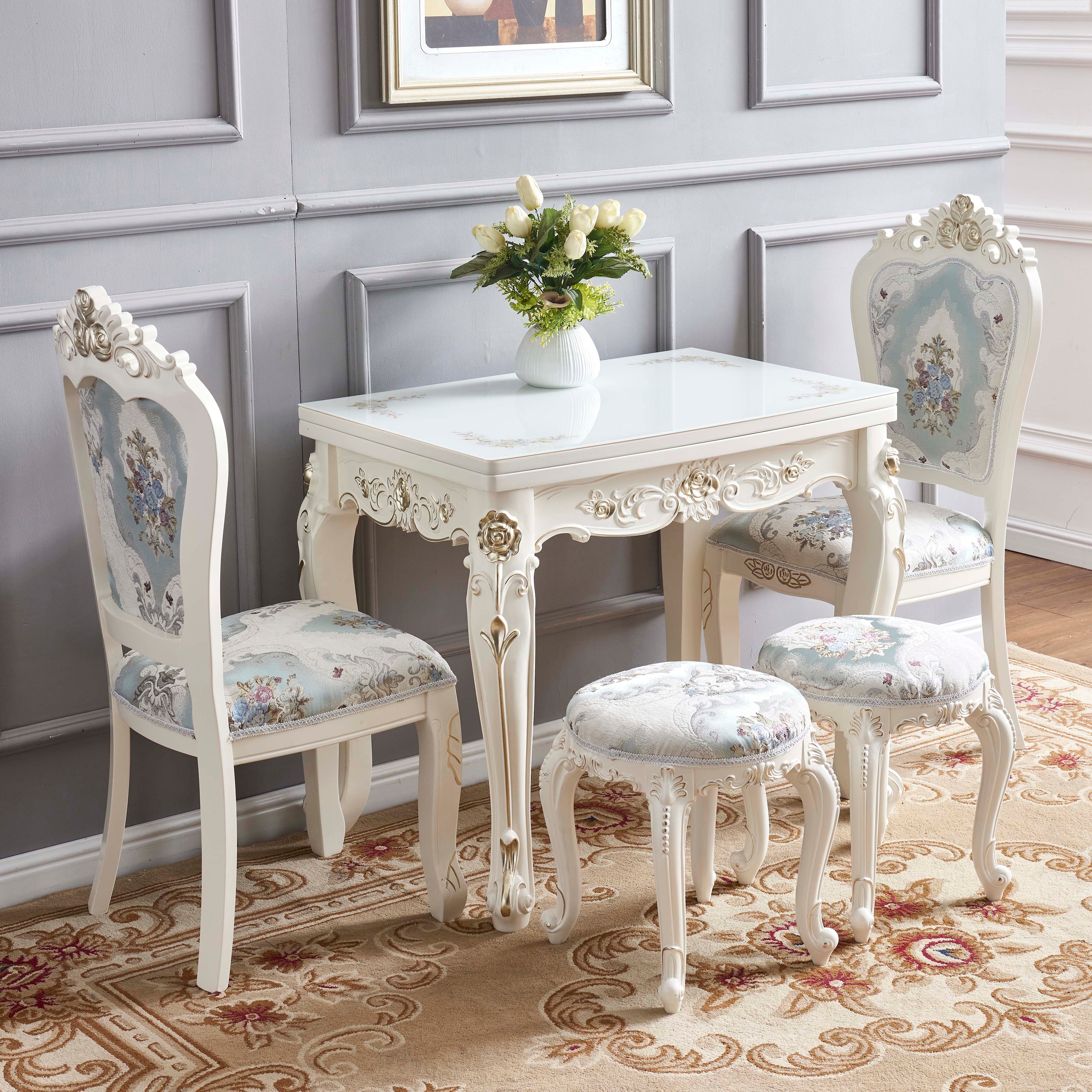 Glam Foldable Rectangle Dining Table Glass Tabletop with Wood Legs