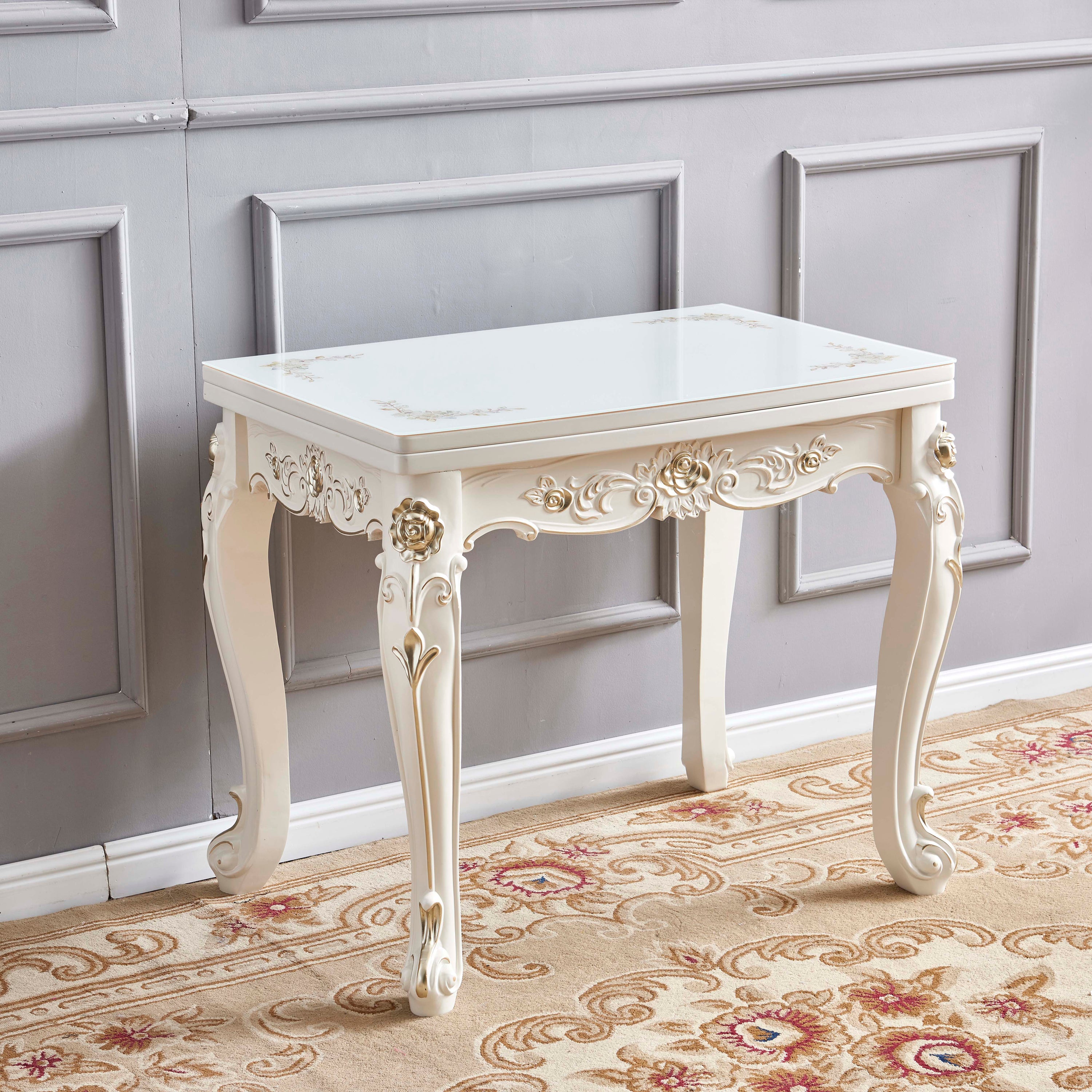Glam Foldable Rectangle Dining Table Glass Tabletop with Wood Legs