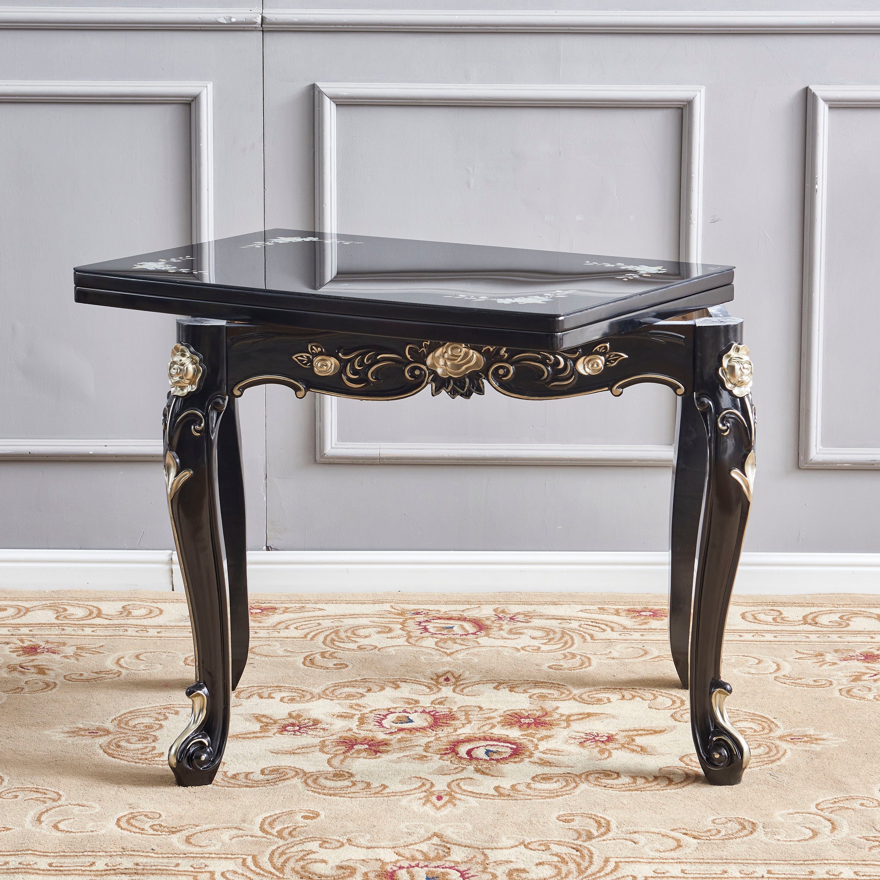 Glam Foldable Rectangle Dining Table Glass Tabletop with Wood Legs