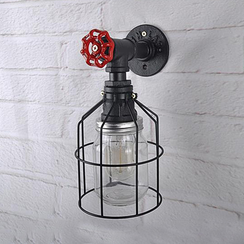 Vintage Caged Wall Light with Inner Jar Shade and Red Valve 1 Light Glass Sconce Lighting in Blue/Clear
