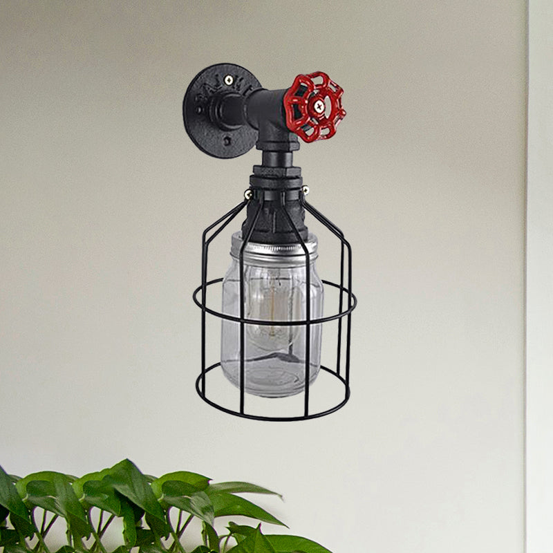 Vintage Caged Wall Light with Inner Jar Shade and Red Valve 1 Light Glass Sconce Lighting in Blue/Clear