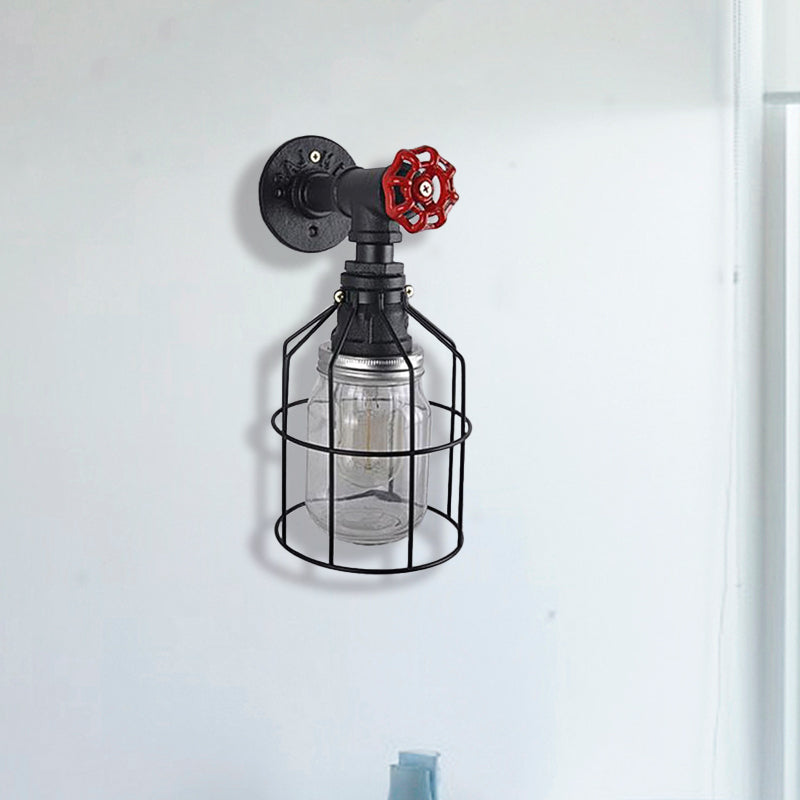 Vintage Caged Wall Light with Inner Jar Shade and Red Valve 1 Light Glass Sconce Lighting in Blue/Clear