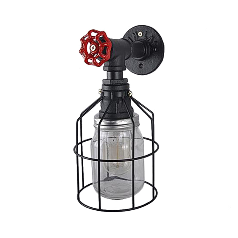 Vintage Caged Wall Light with Inner Jar Shade and Red Valve 1 Light Glass Sconce Lighting in Blue/Clear