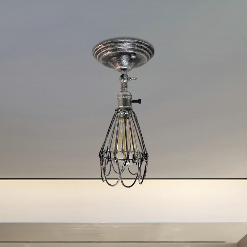 Lámpara de techo semi empotrada con jaula de hierro forjado, elegante lámpara de techo de 1 luz para dormitorio en color óxido/plata envejecida